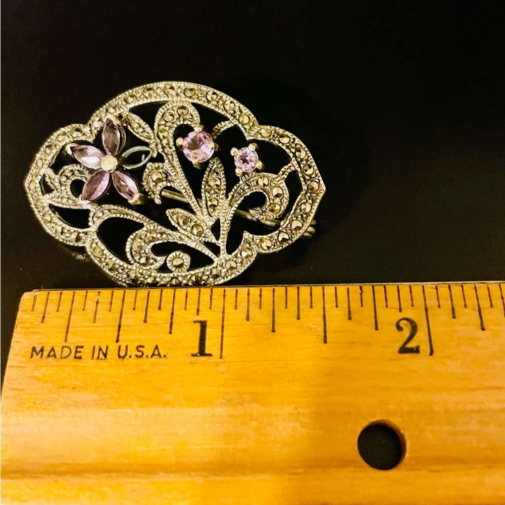 Vintage Sterling Silver Marcasite Amethyst Floral Pin Brooch - Picture 8 of 9